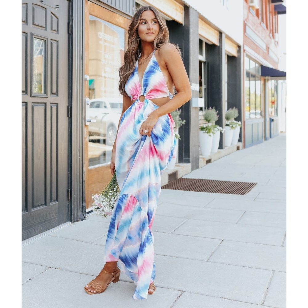 . Boutique Rainbow Sunset Colorful Tie Dye Colorful Cutout Tie Maxi Dress - Picture 3 of 11